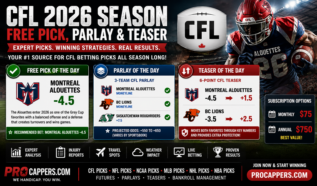 CFL 2026 Free Pick, Parlay & Teaser Bet | Expert CFL Betting Picks at Procappers.com