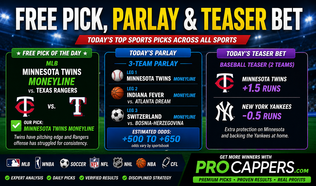 Free Pick, Parlay & Teaser Bet Today | Expert Sports Picks June 18, 2026 | ProCappers.com