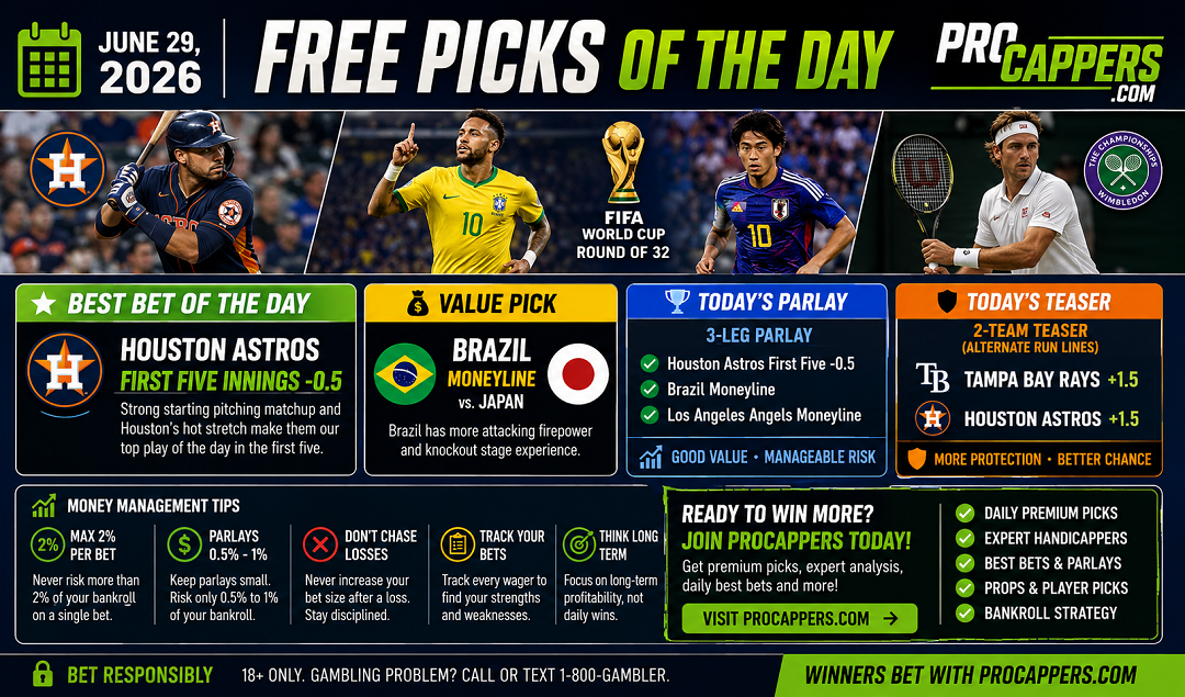 Free Pick of the Day, Parlay and Teaser Bet for June 29, 2026