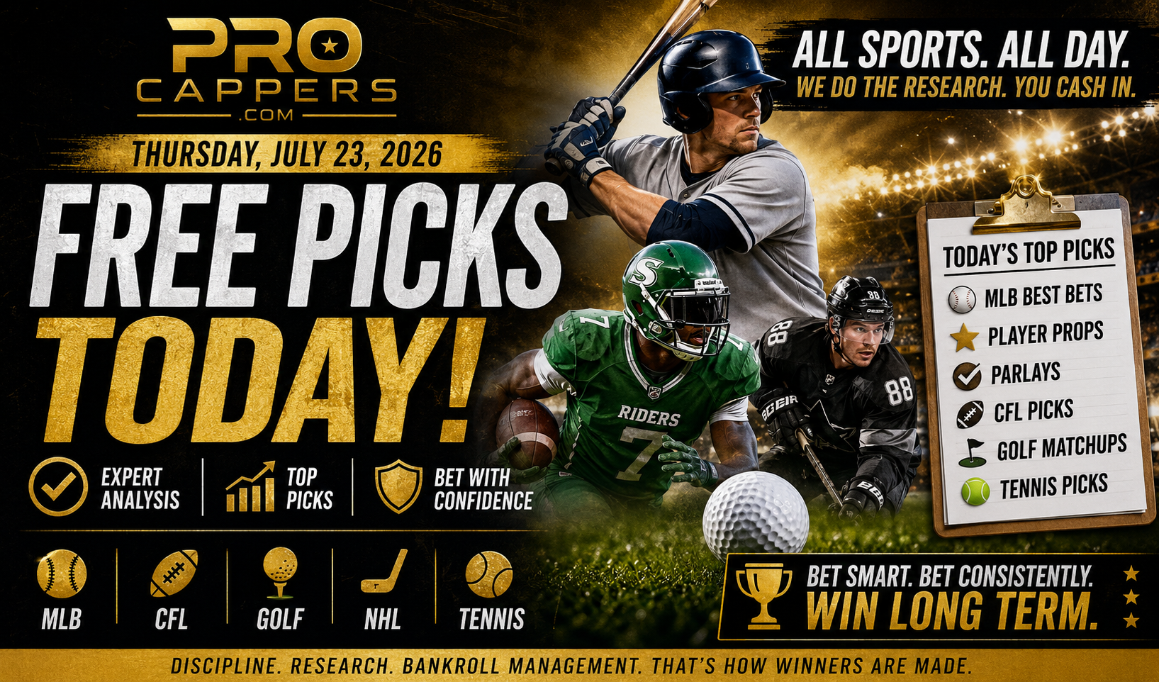 Free Sports Picks Today,July 23, 2026, MLB, CFL and Parlays