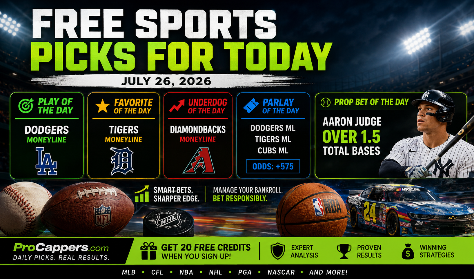 Free Sports Picks Today, July 26, 2026, Best Bet, Parlay, Underdog and Favorite Picks