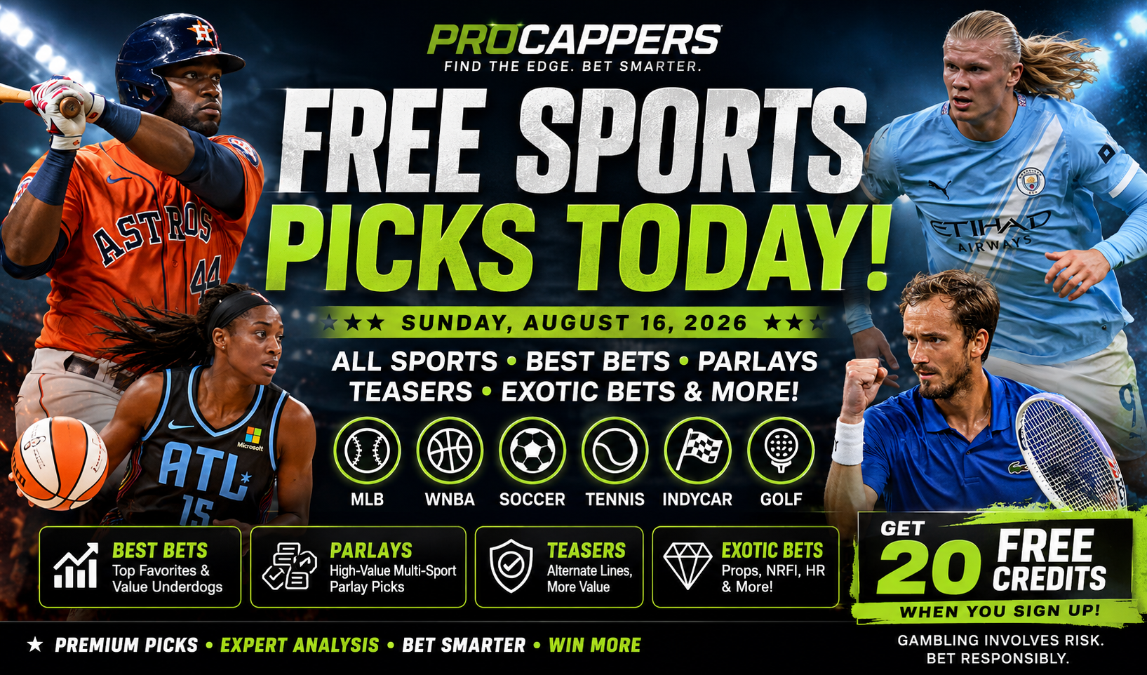 Free Sports Picks for Sunday, August 16, 2026 - Best Bets, Parlays, Teasers & Exotic Plays