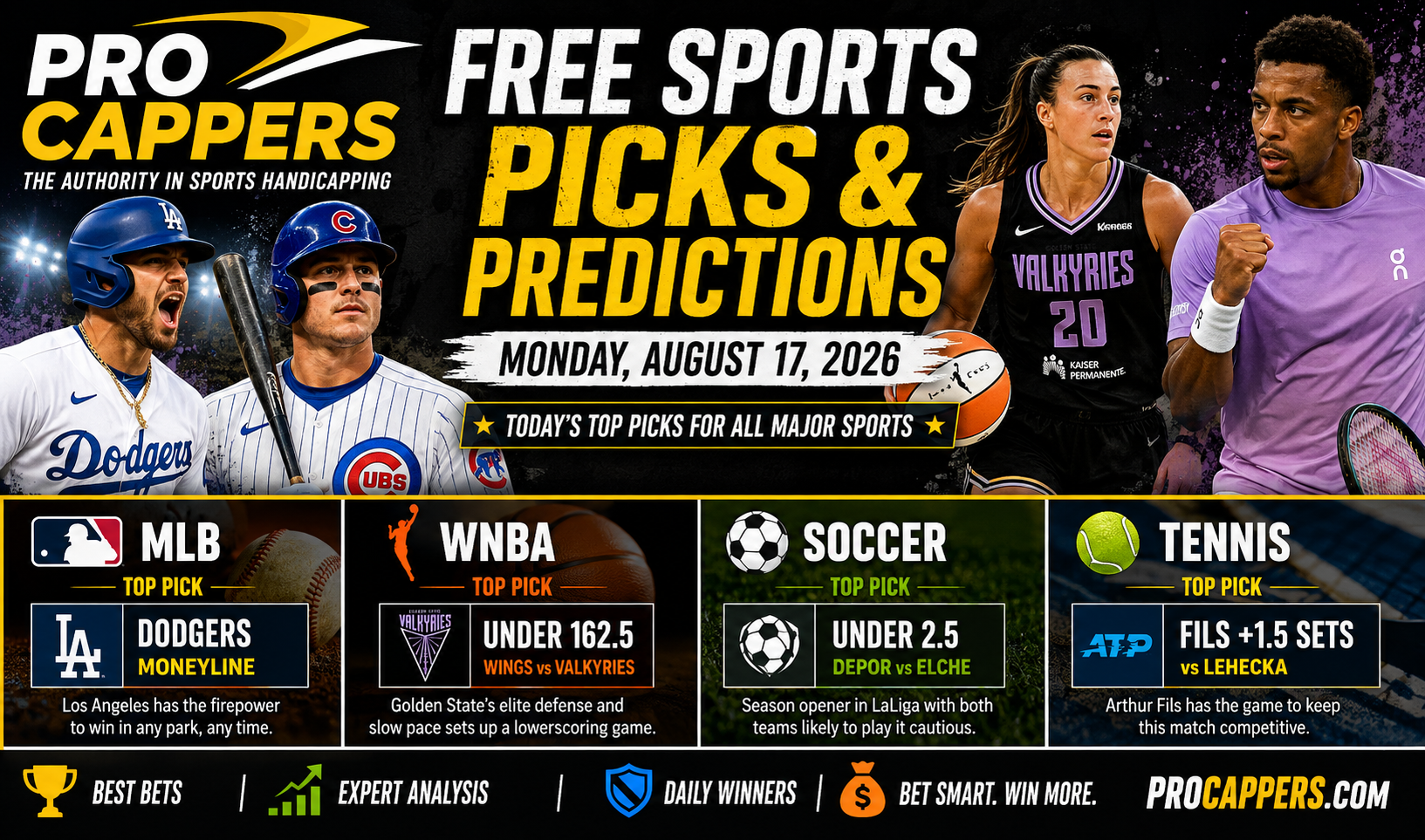 Free Sports Picks & Predictions for Monday, August 17, 2026