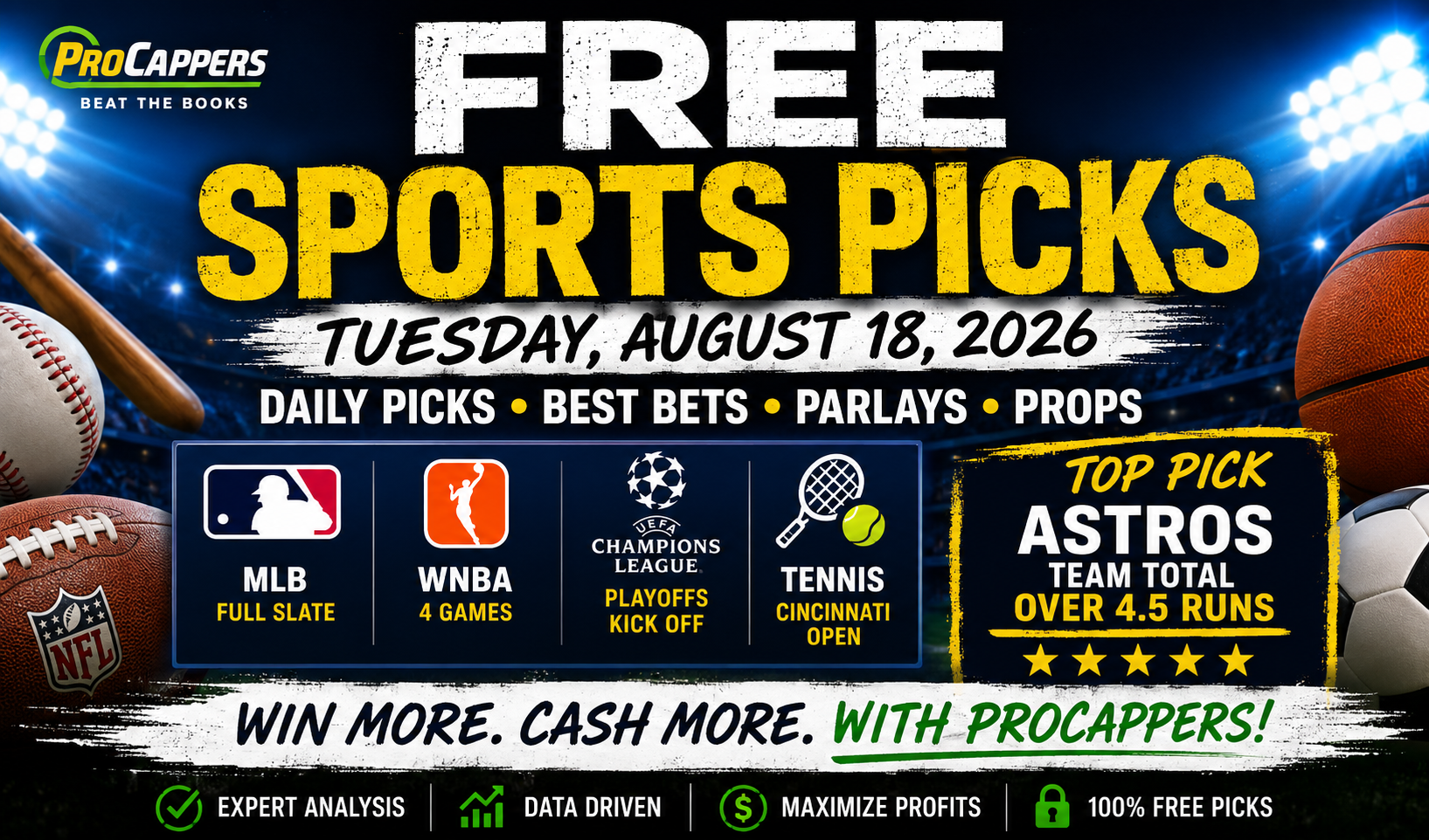 Free Sports Picks & Best Bets for Tuesday, August 18, 2026
