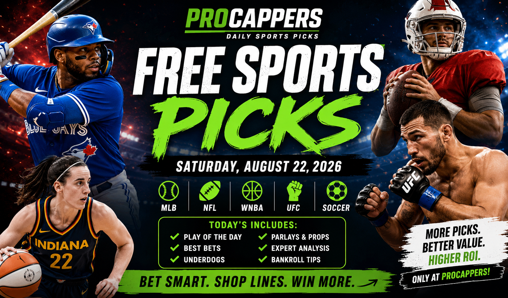 Free Sports Picks for Saturday, August 22, 2026 — MLB, NFL, WNBA, UFC, Soccer & More