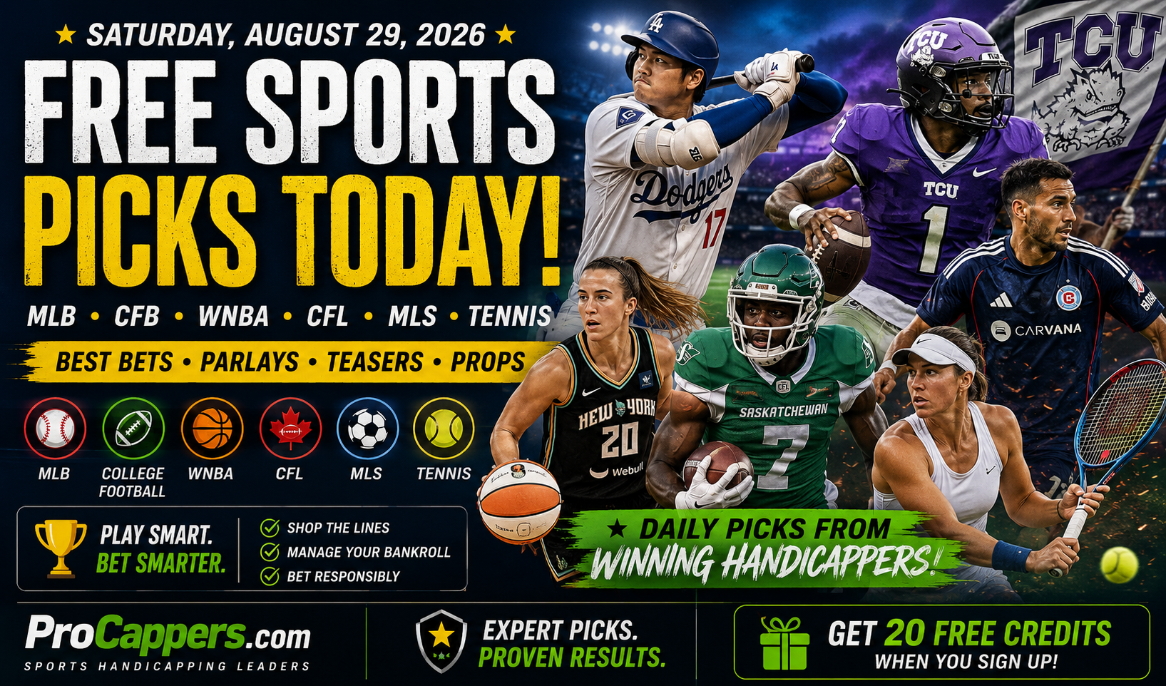 Free Sports Picks for Saturday, August 29, 2026 – Best Bets, Parlays & More